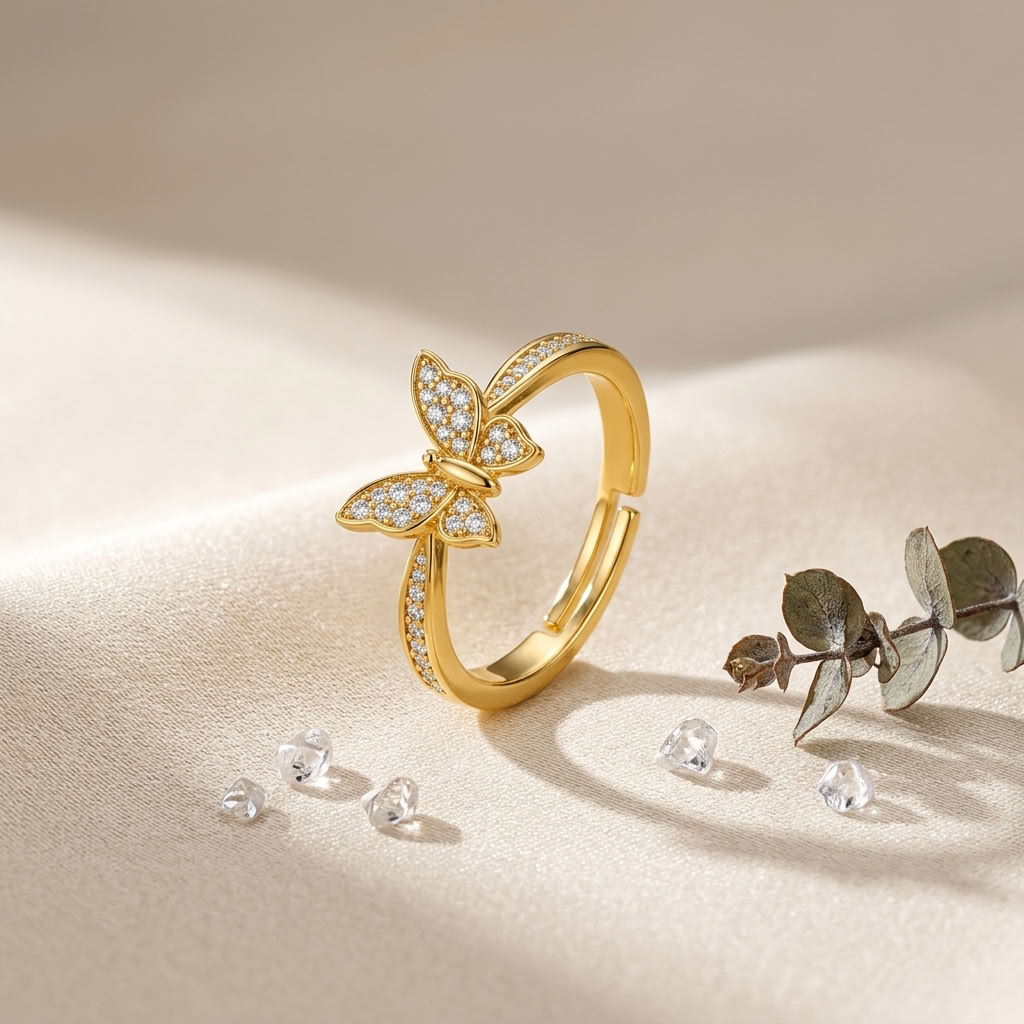 Butterfly Adjustable Pave Crystal Butterfly Charm Ring for Women - 925 Sterling Silver