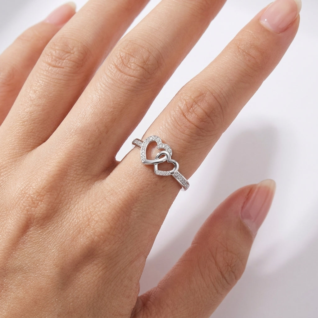 Interlocking Double Heart Ring - Adjustable Pave Crystal Ring