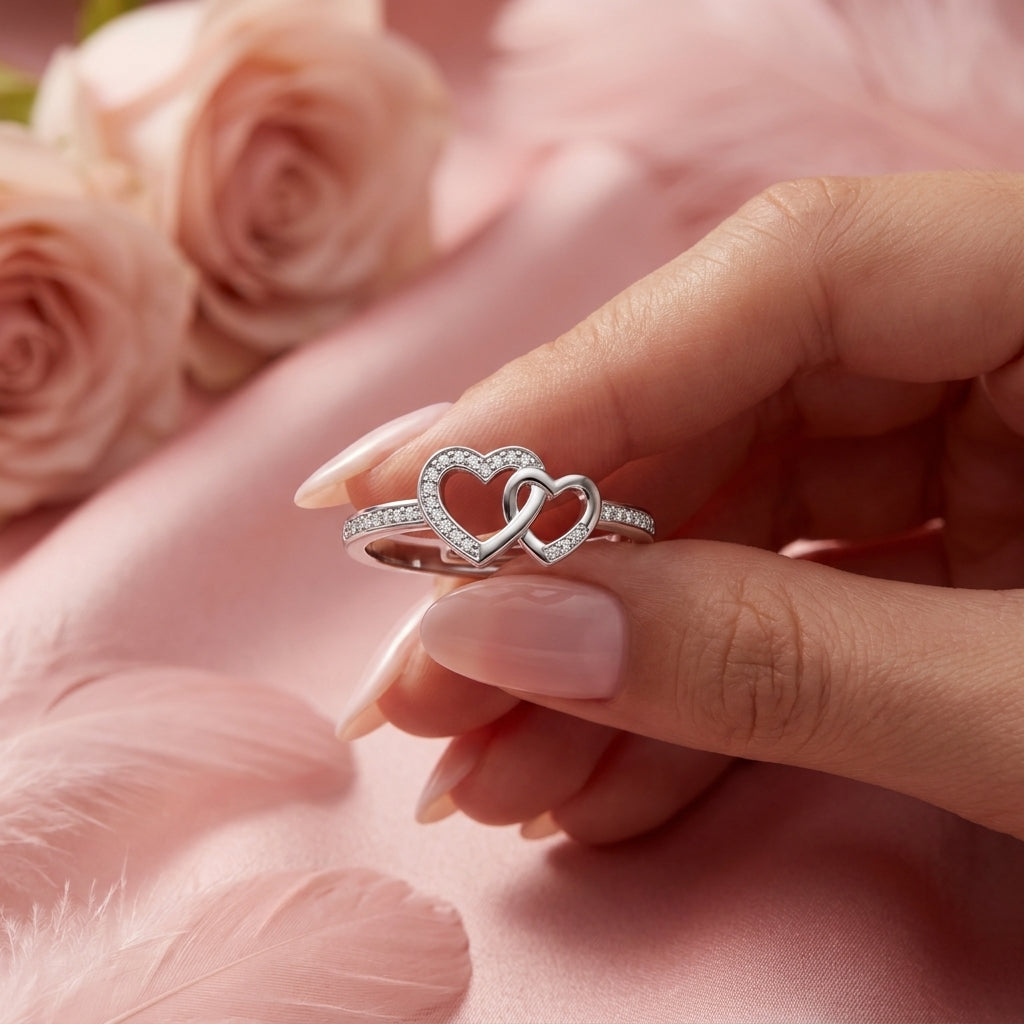 Interlocking Double Heart Ring - Adjustable Pave Crystal Ring