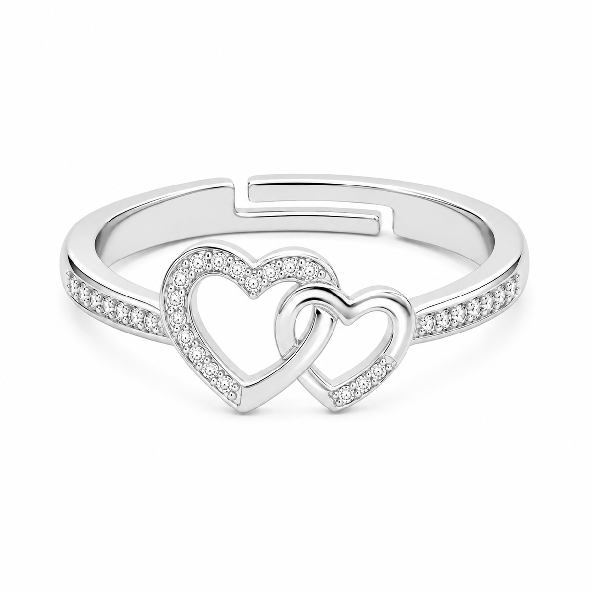 Interlocking Double Heart Ring - Adjustable Pave Crystal Ring