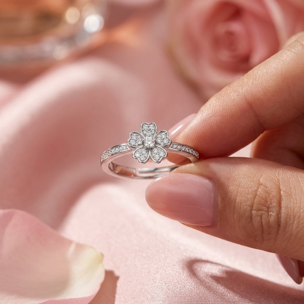 Four-Leaf Clover Ring - Adjustable Pave Crystal Lucky Charm Ring