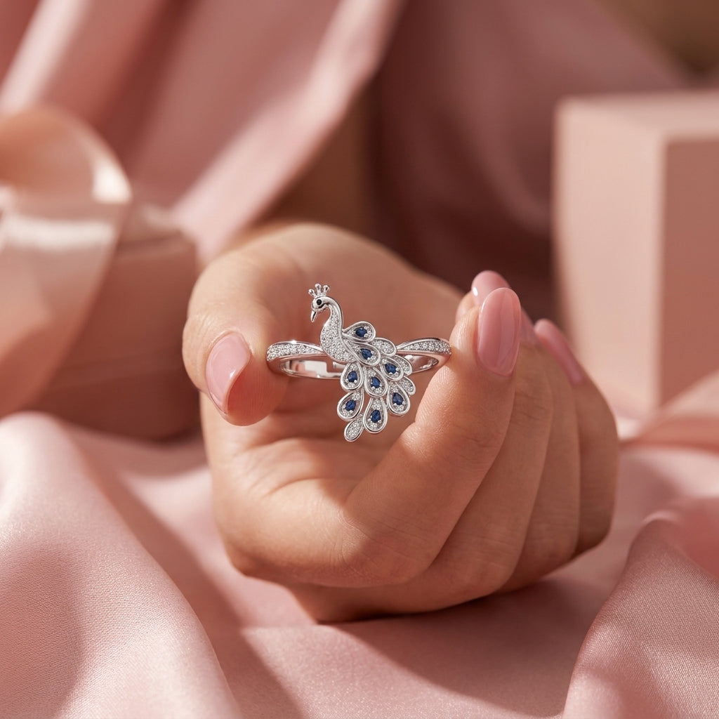 Peacock Ring - Blue Crystal Pave Adjustable Statement Ring