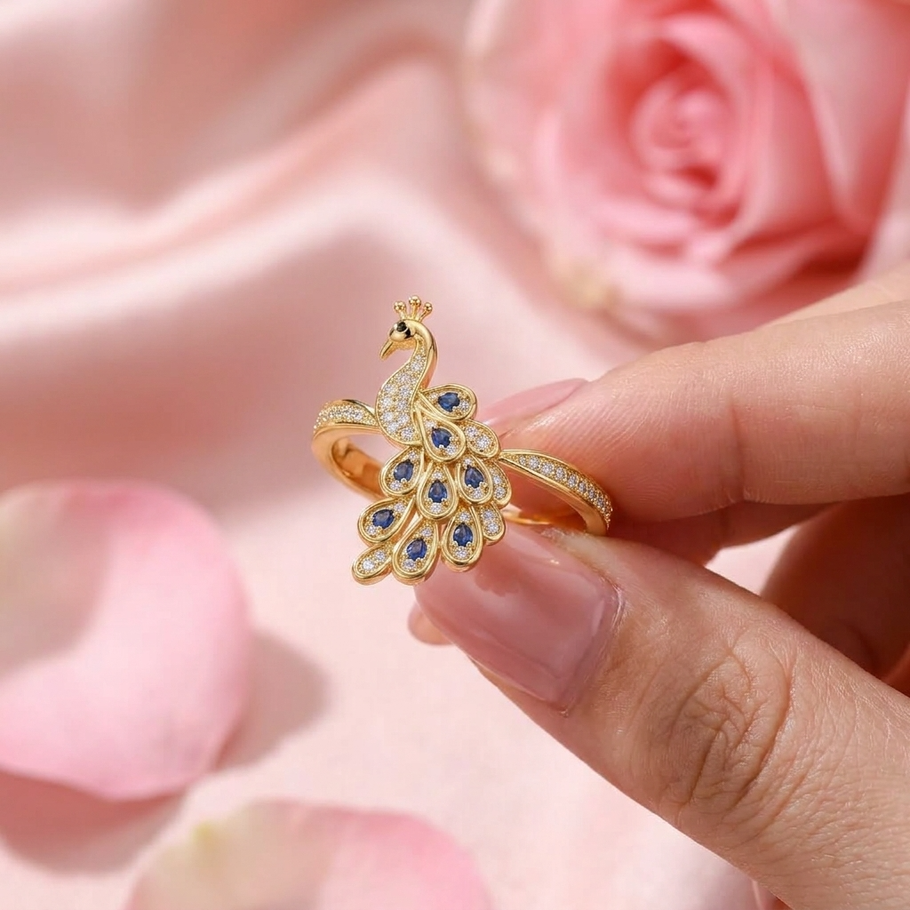 Peacock Blue Crystal Pave Adjustable Statement Ring for Women - 925 Sterling Silver