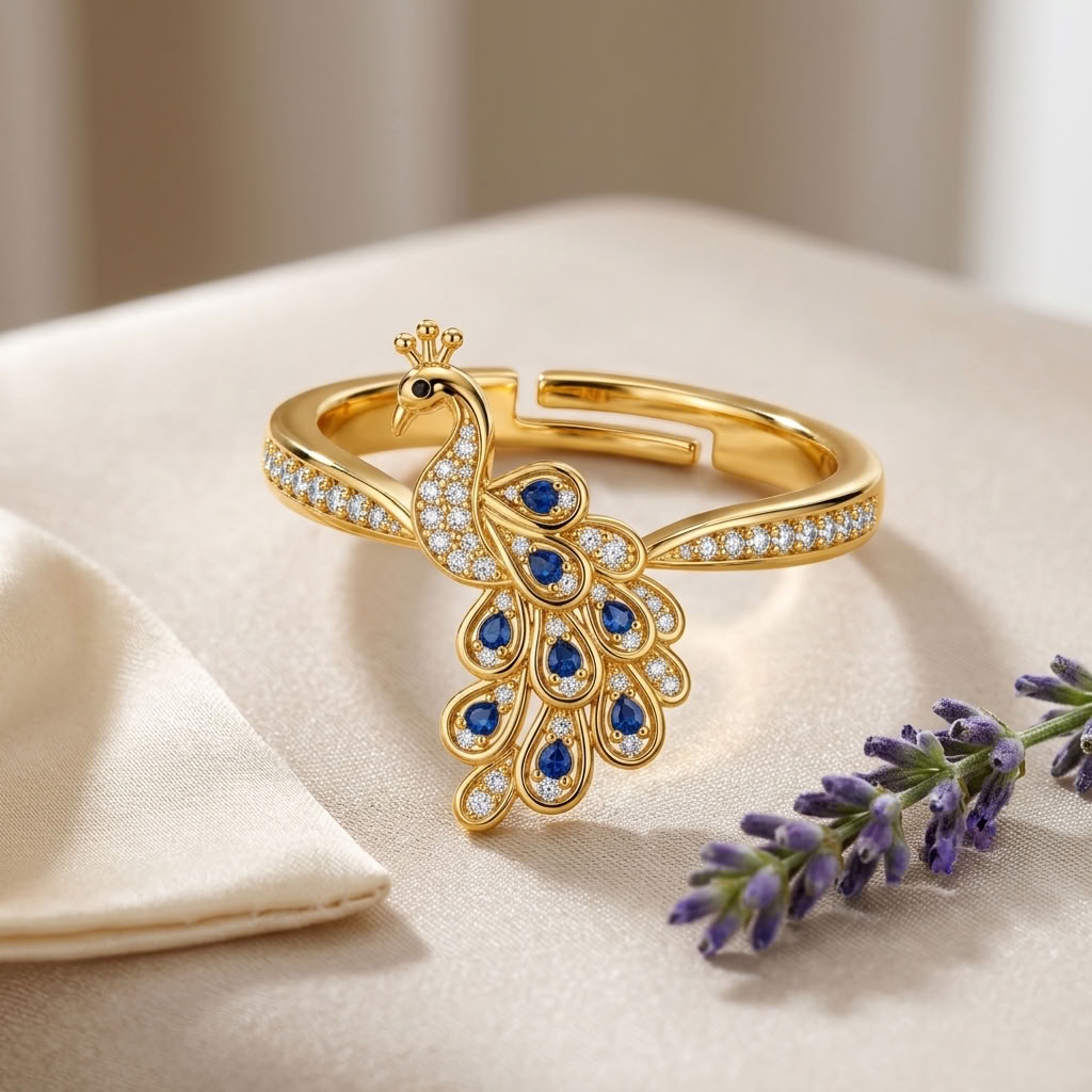 Peacock Blue Crystal Pave Adjustable Statement Ring for Women - 925 Sterling Silver