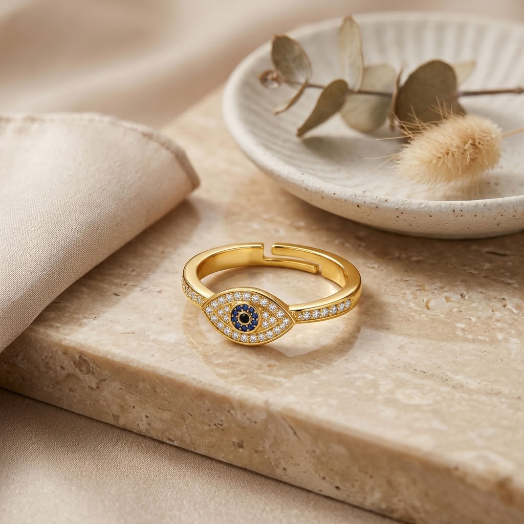 Evil Eye Blue Crystal Pave Adjustable Protection Ring for Women - 925 Sterling Silver