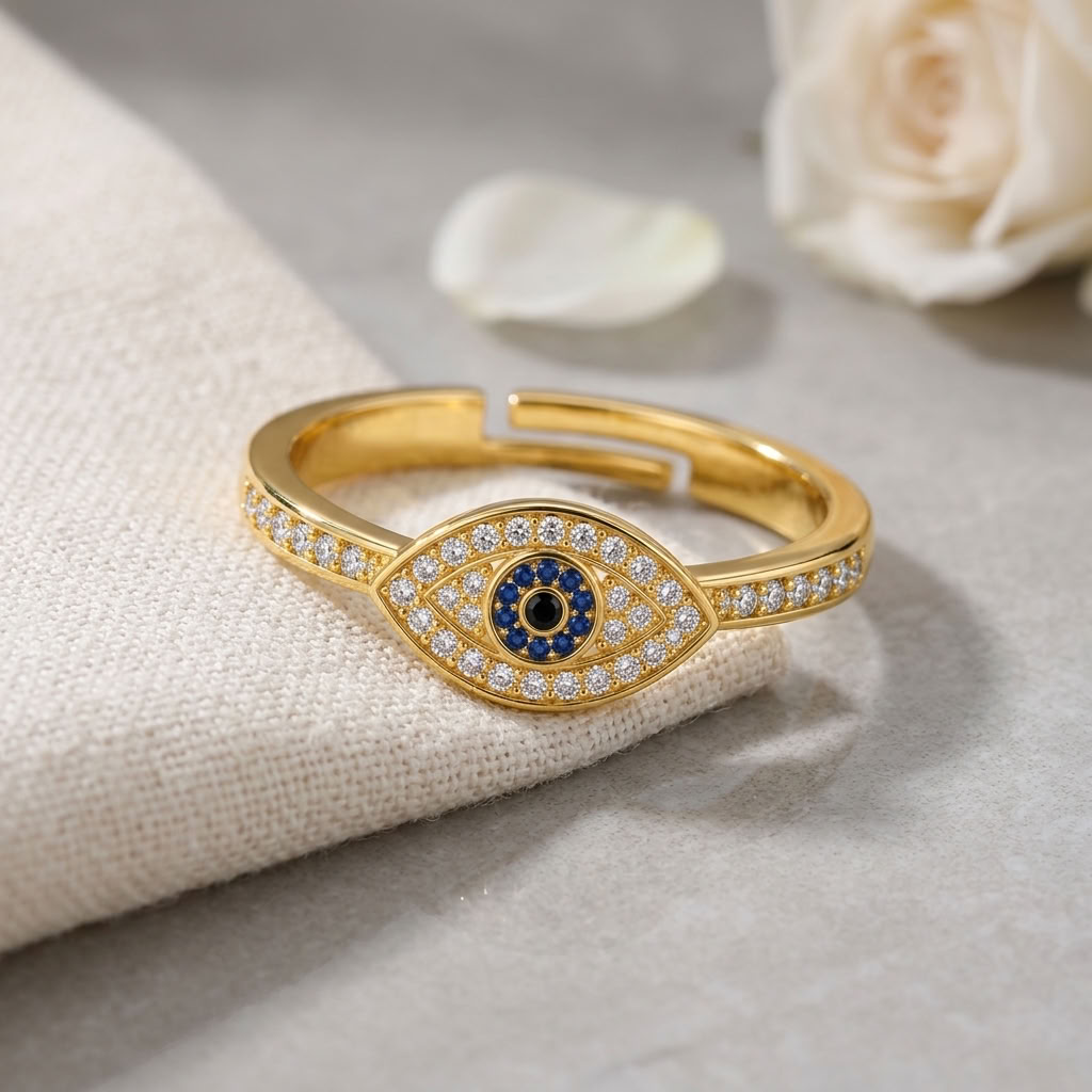 Evil Eye Blue Crystal Pave Adjustable Protection Ring for Women - 925 Sterling Silver