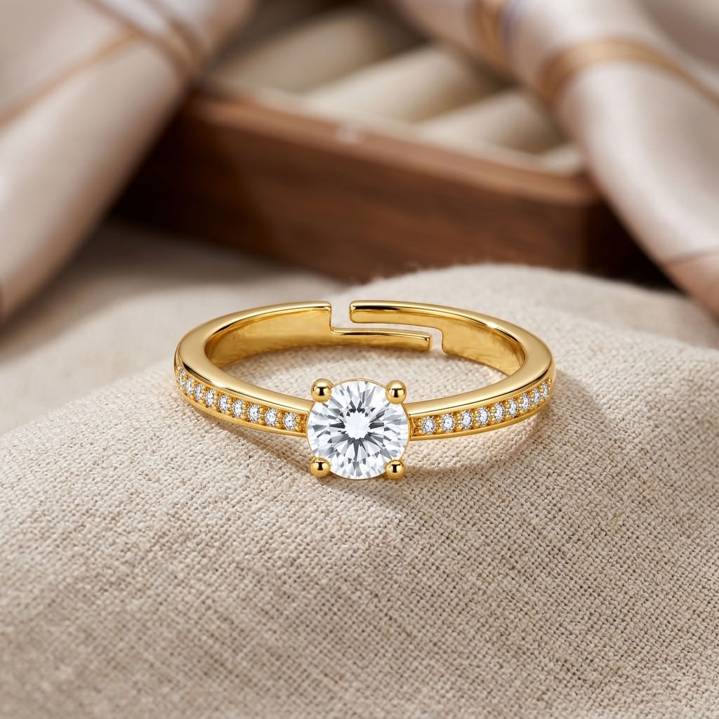 Solitaire Adjustable Round-Cut Cubic Zirconia Ring for Women - 925 Sterling Silver