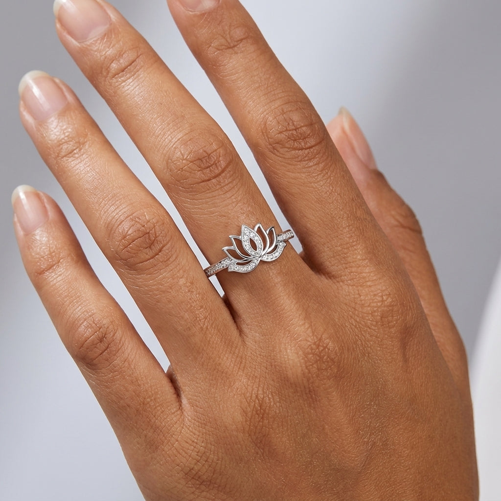 Lotus Flower Ring - Adjustable Pave Crystal Open Lotus Ring