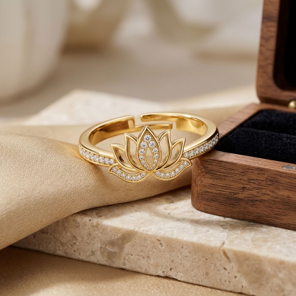 Lotus Flower Adjustable Pave Crystal Open Lotus Ring for Women - 925 Sterling Silver