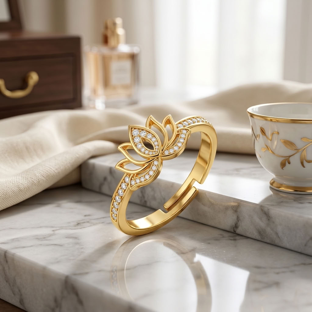Lotus Flower Adjustable Pave Crystal Open Lotus Ring for Women - 925 Sterling Silver