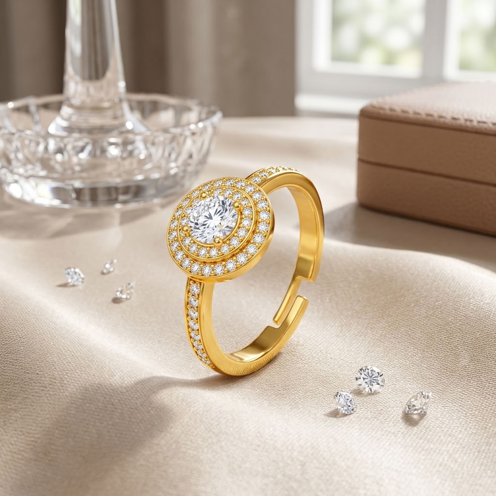 Double Halo Adjustable Pave Crystal Statement Ring for Women - 925 Sterling Silver