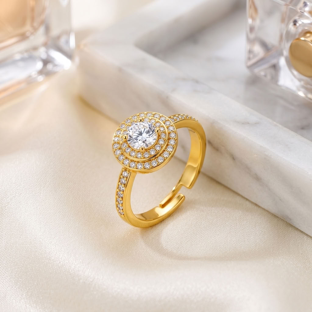 Double Halo Adjustable Pave Crystal Statement Ring for Women - 925 Sterling Silver