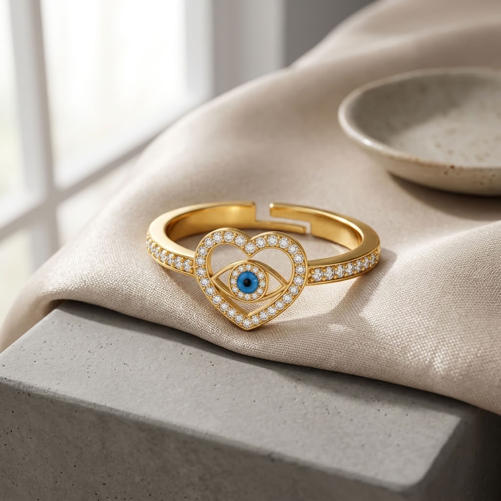 Heart Evil Eye Blue Crystal Pave Adjustable Ring for Women - 925 Sterling Silver
