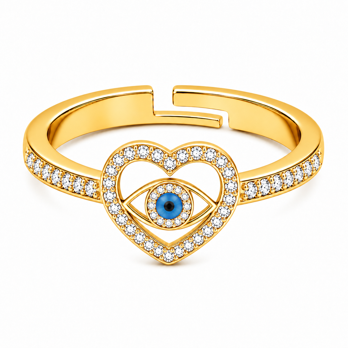 Heart Evil Eye Blue Crystal Pave Adjustable Ring for Women - 925 Sterling Silver