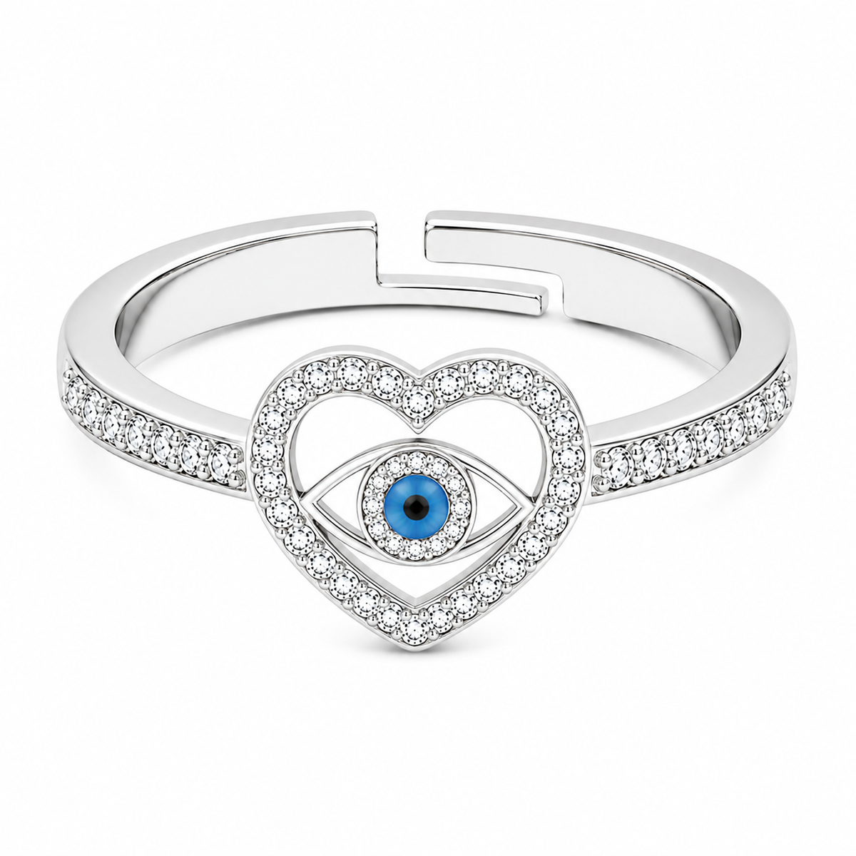 Heart Evil Eye Ring - Blue Crystal Pave Adjustable Ring