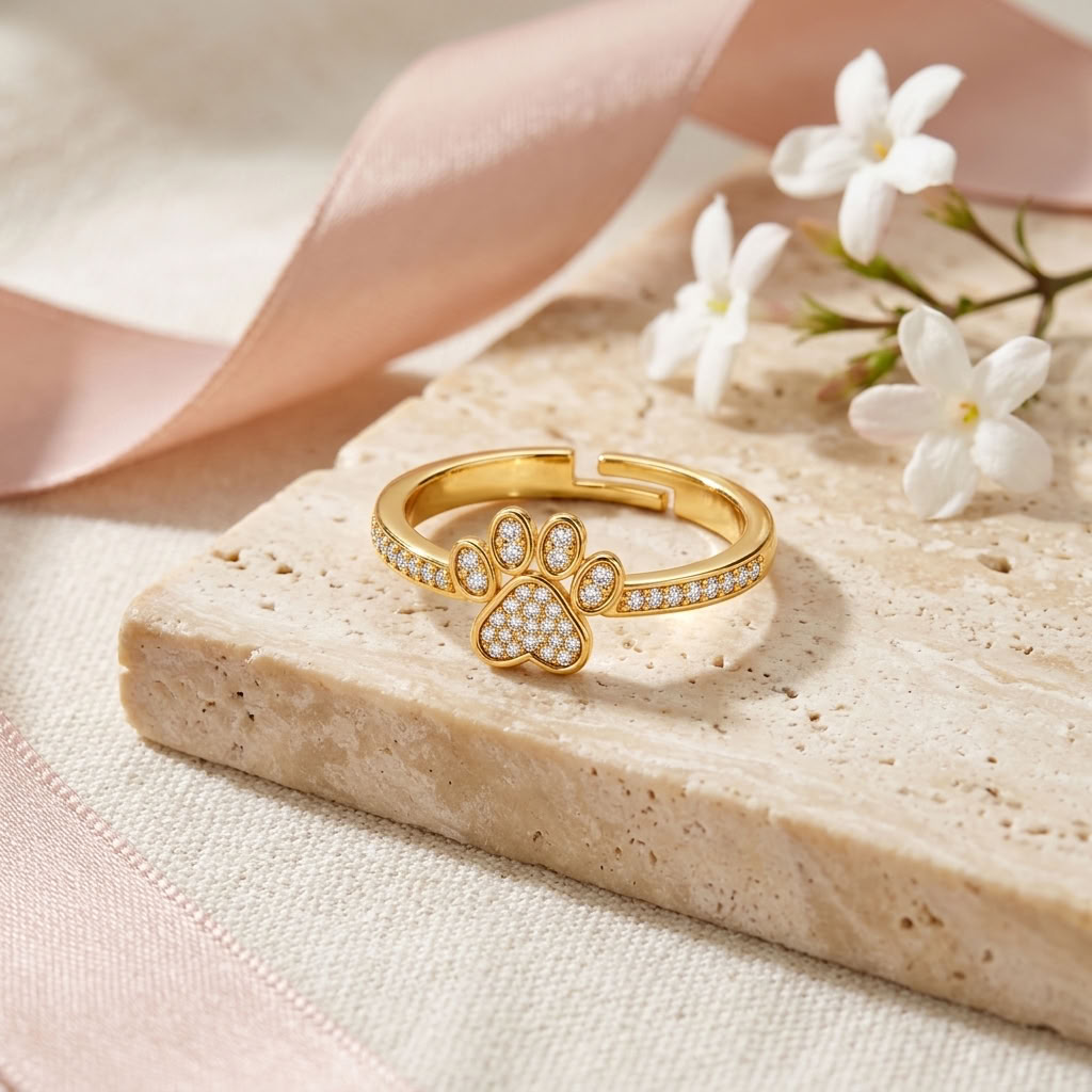 Paw Print Adjustable Pave Crystal Dog Paw Ring for Women - 925 Sterling Silver