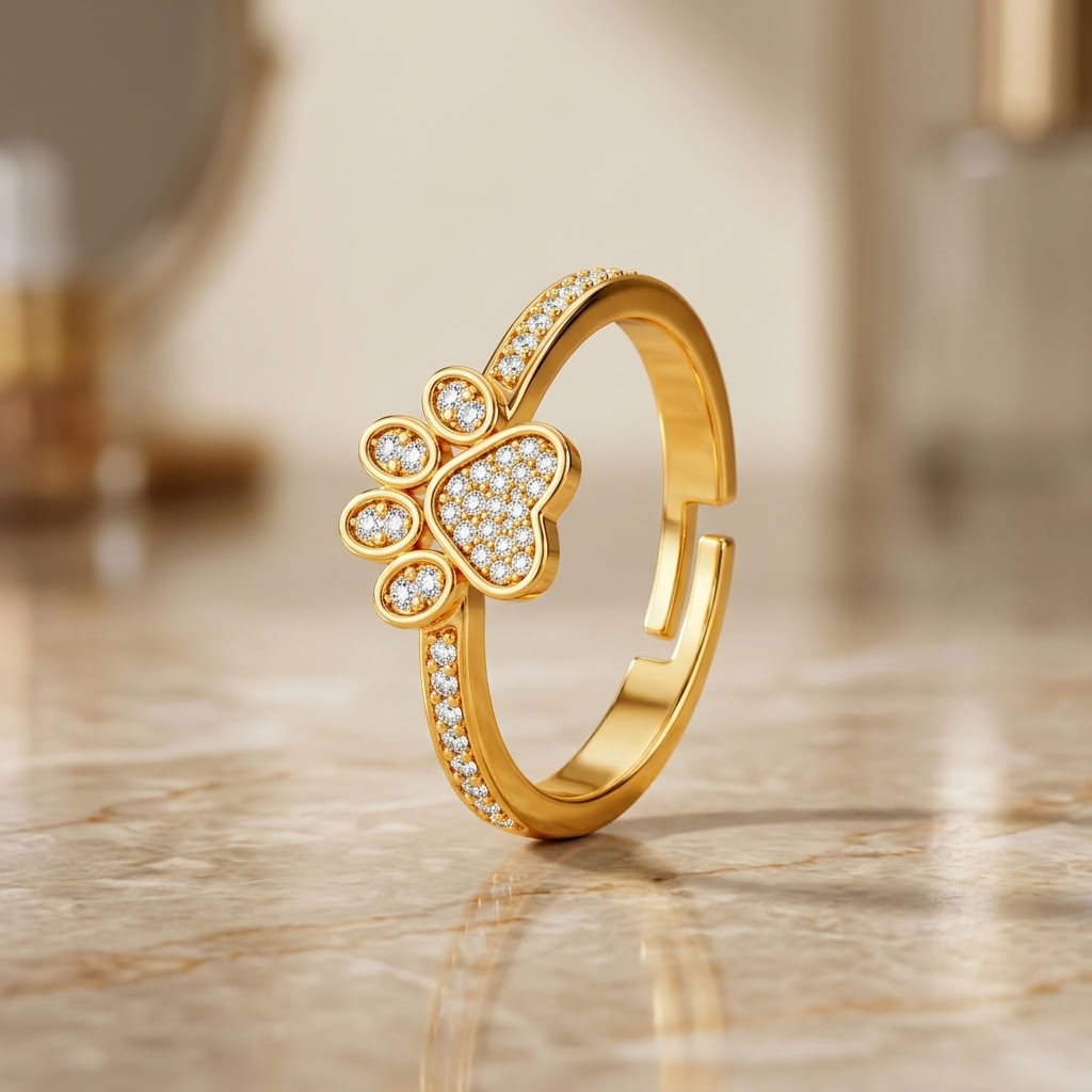 Paw Print Adjustable Pave Crystal Dog Paw Ring for Women - 925 Sterling Silver