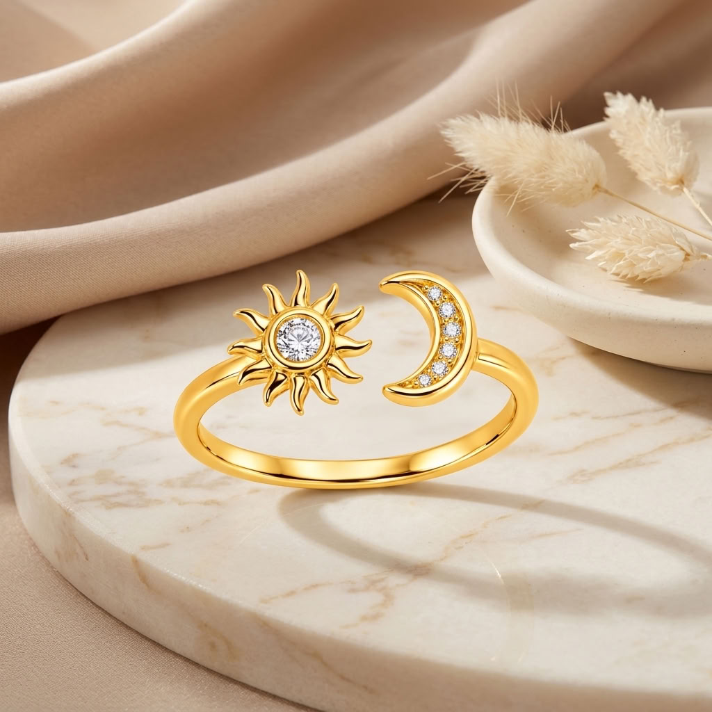 Sun and Moon Open Adjustable Celestial Ring for Women - 925 Sterling Silver
