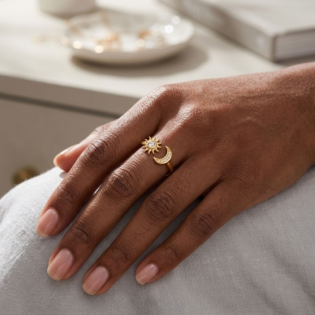 Sun and Moon Open Adjustable Celestial Ring for Women - 925 Sterling Silver
