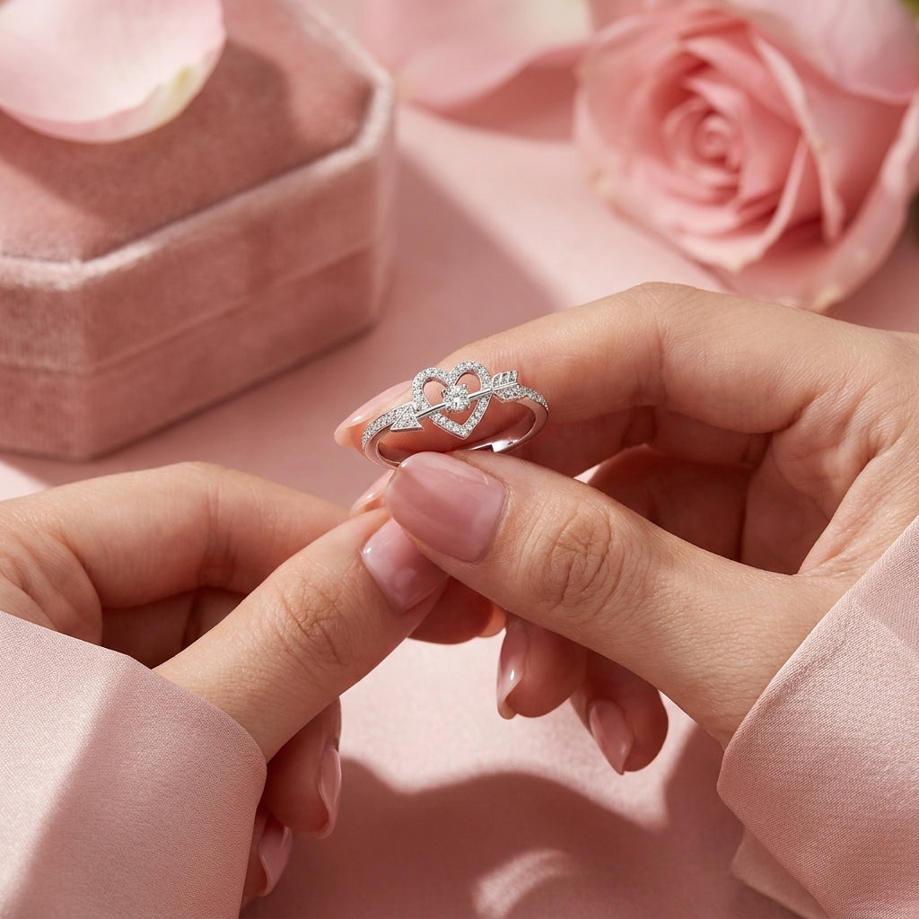 Cupid's Heart and Arrow Ring - Adjustable Pave Crystal Ring