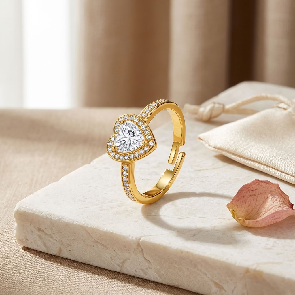 Heart Halo Adjustable Pave Crystal Heart Ring for Women - 925 Sterling Silver