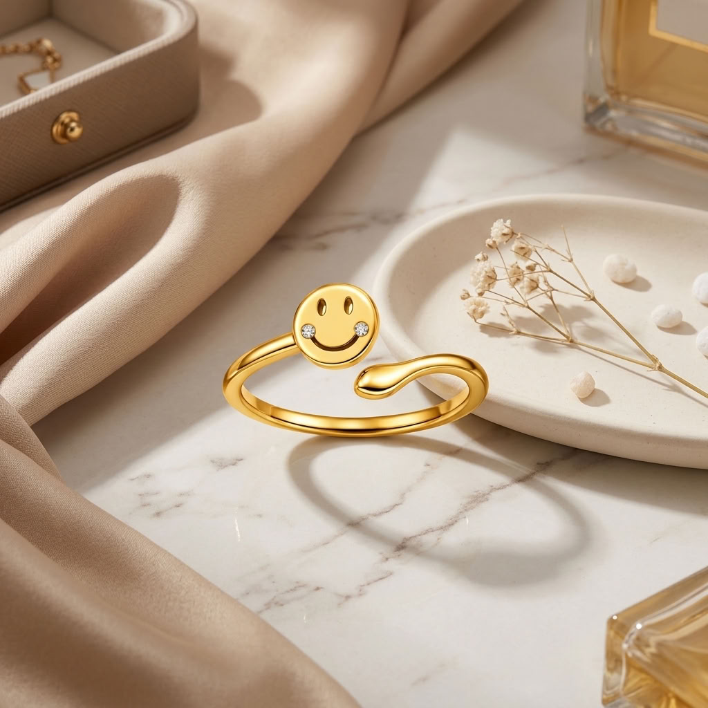Smiley Face Open Adjustable Happy Face Ring for Women - 925 Sterling Silver