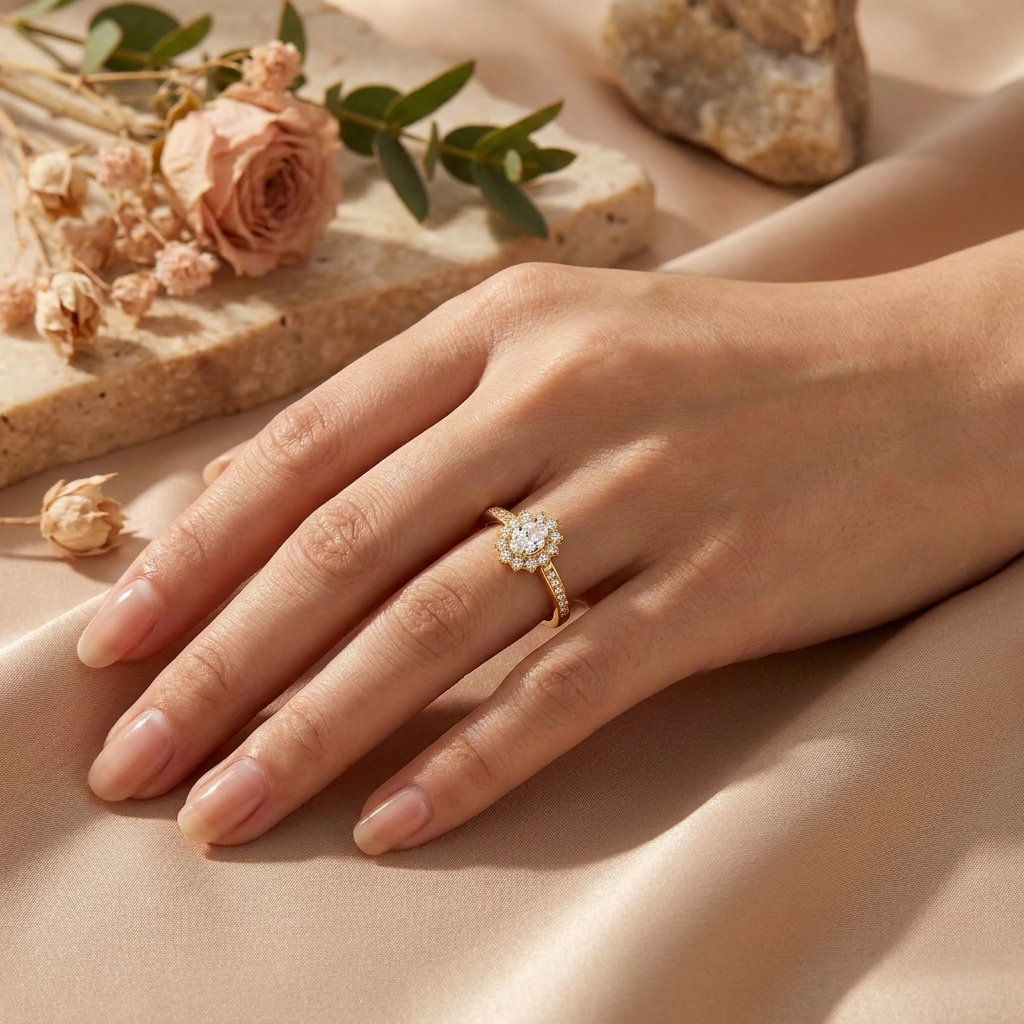 Oval Halo Vintage-Style Pave Crystal Cluster Ring for Women - 925 Sterling Silver