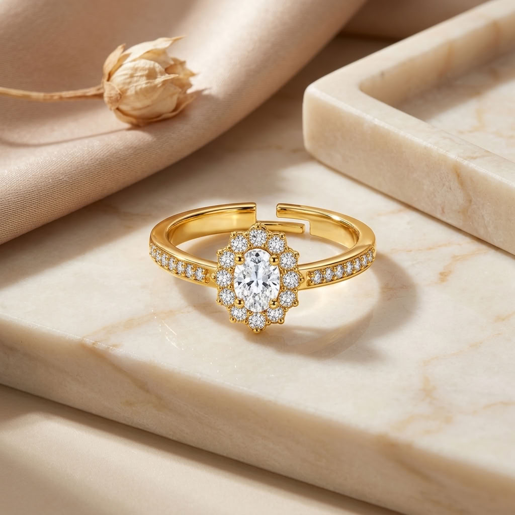 Oval Halo Vintage-Style Pave Crystal Cluster Ring for Women - 925 Sterling Silver
