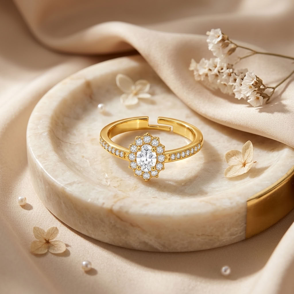 Oval Halo Vintage-Style Pave Crystal Cluster Ring for Women - 925 Sterling Silver