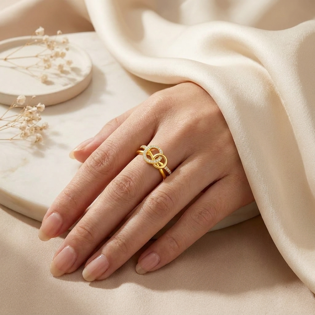 Interlocking Double Circle Adjustable Pave Split-Band Ring for Women - 925 Sterling Silver