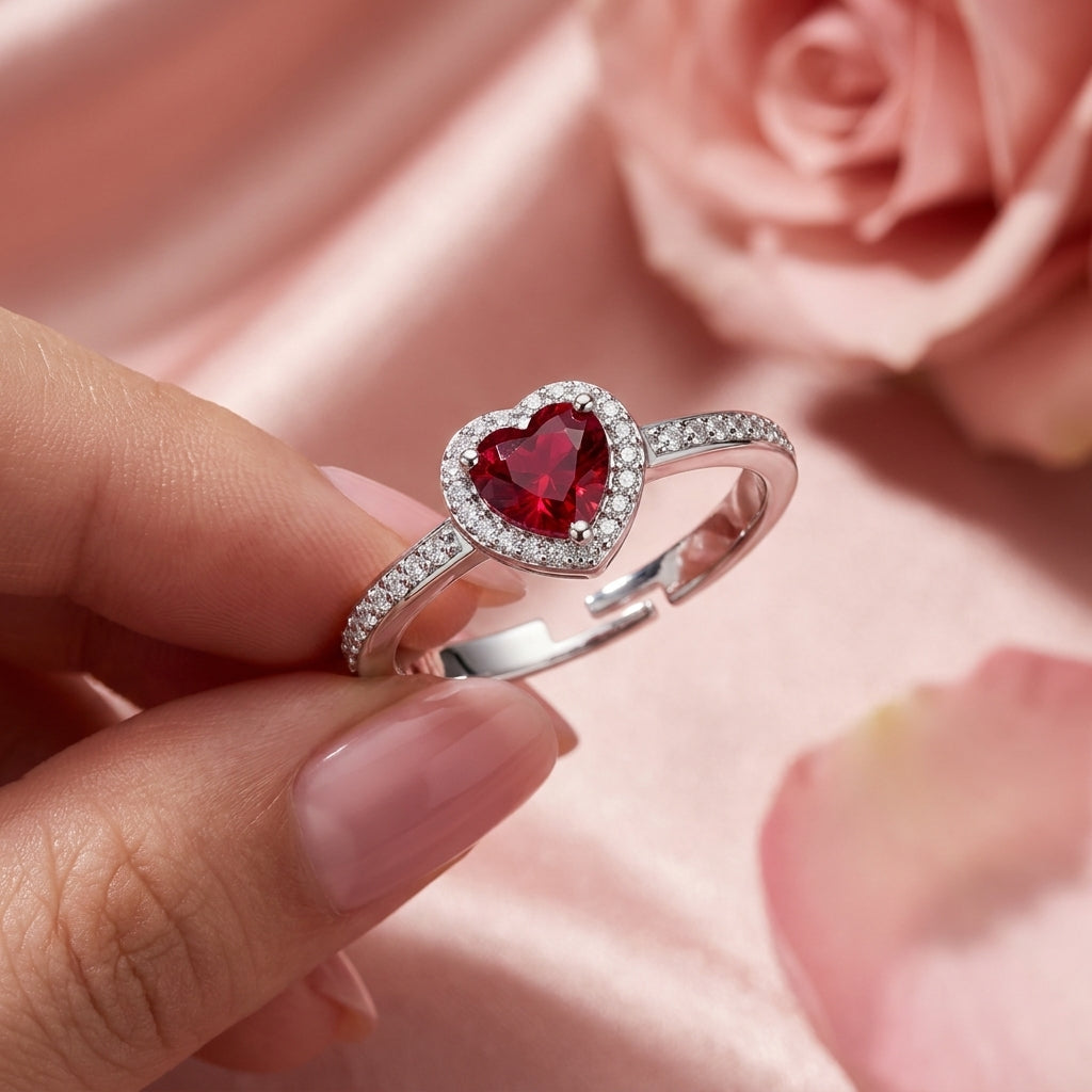 Ruby Red Heart Halo Ring - Adjustable White Cz Ring