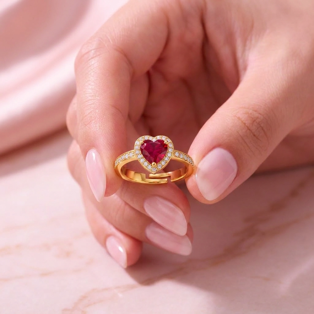 Ruby Red Heart Halo Adjustable White Cz Ring for Women - 925 Sterling Silver