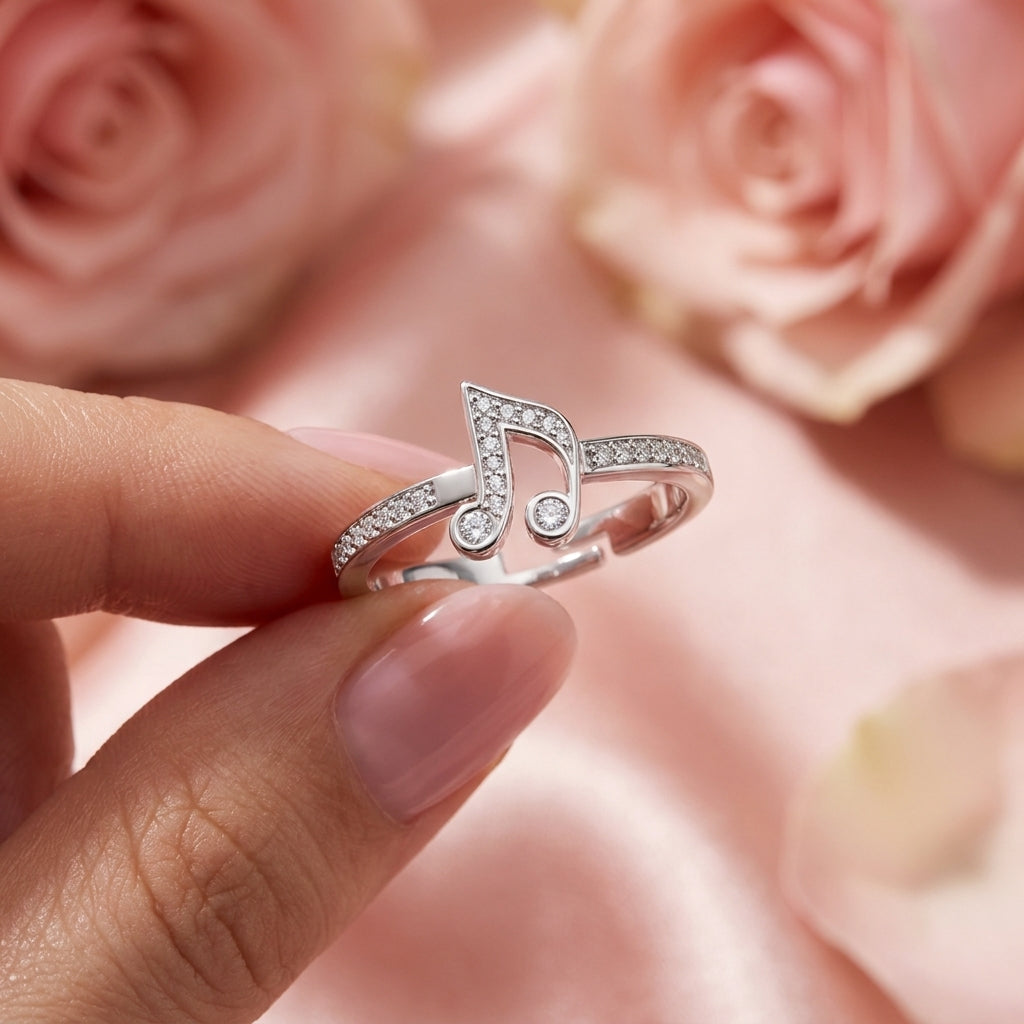 Music Note Ring - Adjustable Pave Crystal Eighth Note Ring