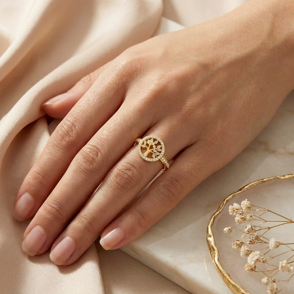 Tree of Life Adjustable Pave Crystal Ring for Women - 925 Sterling Silver