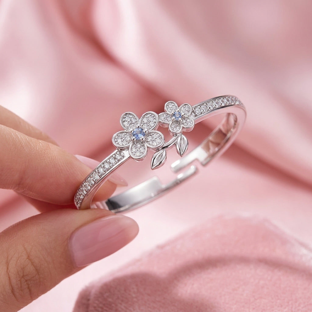 Double Daisy Ring - Blue Crystal Pave Flower Ring