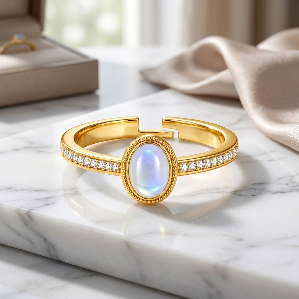 Moonstone Adjustable Oval Cabochon Pave Ring for Women - 925 Sterling Silver