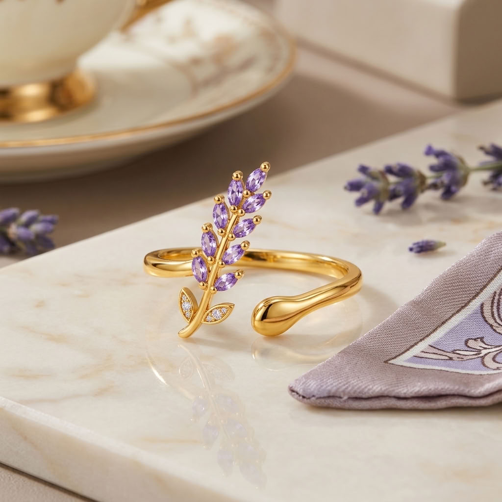 Purple Leaf Branch Open Adjustable Marquise White Cz Ring for Women - 925 Sterling Silver