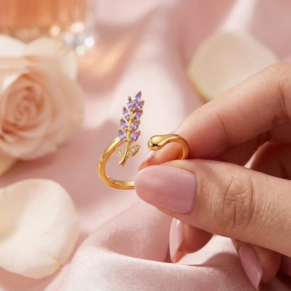 Purple Leaf Branch Open Adjustable Marquise White Cz Ring for Women - 925 Sterling Silver