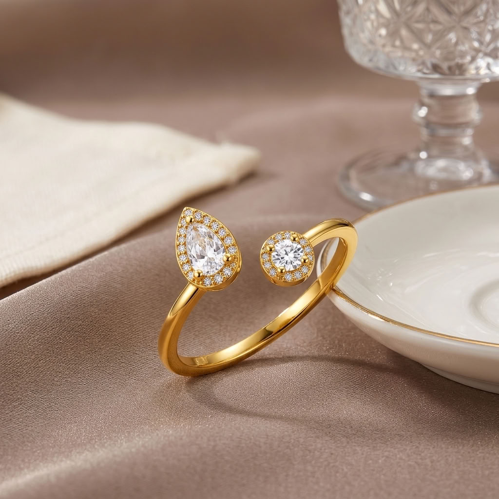 Pear and Round Halo Open Adjustable Dual Stone Ring for Women - 925 Sterling Silver