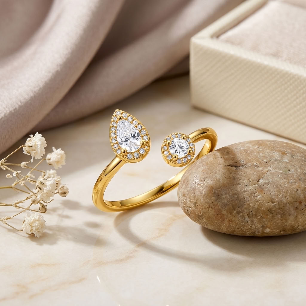 Pear and Round Halo Open Adjustable Dual Stone Ring for Women - 925 Sterling Silver