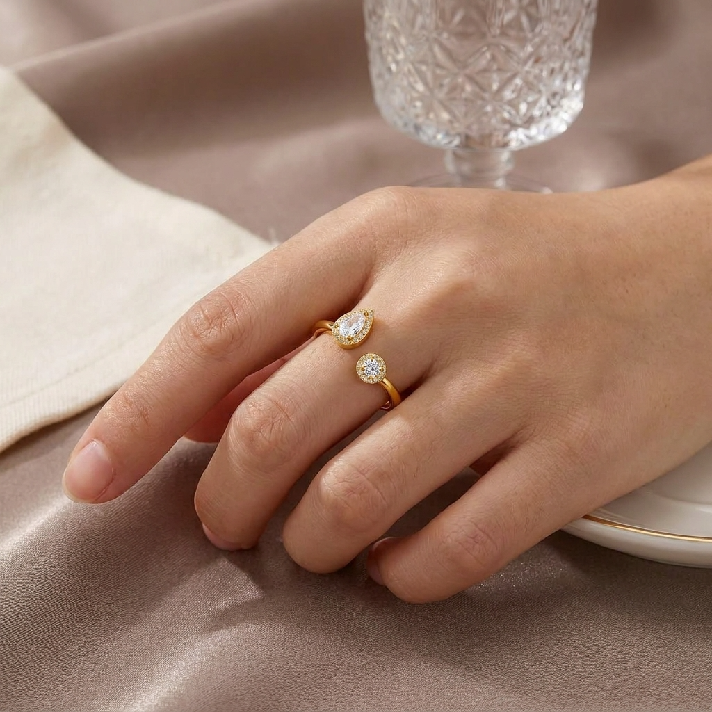 Pear and Round Halo Open Adjustable Dual Stone Ring for Women - 925 Sterling Silver