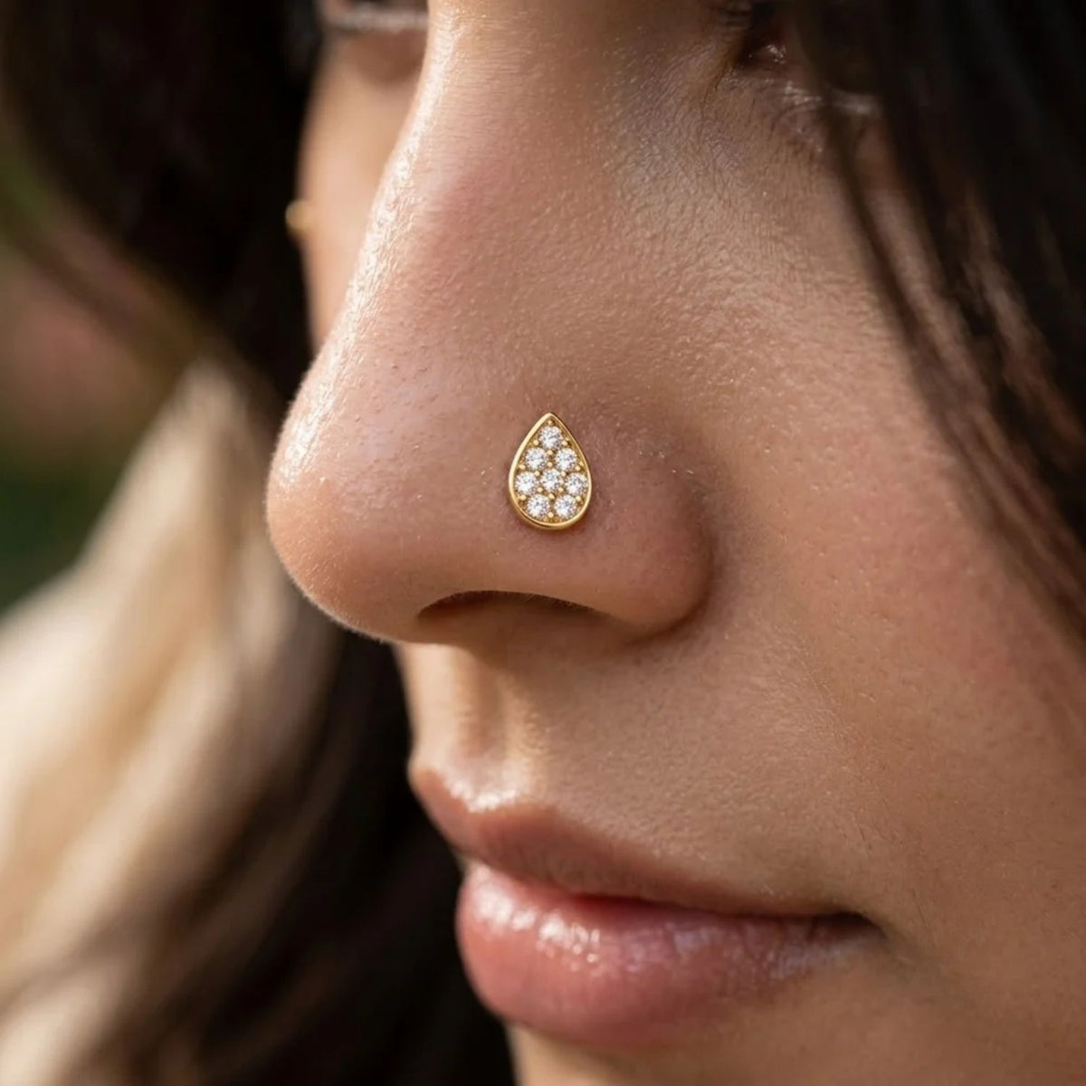 Teardrop Pave Nose Pin - side view in 925 sterling silver