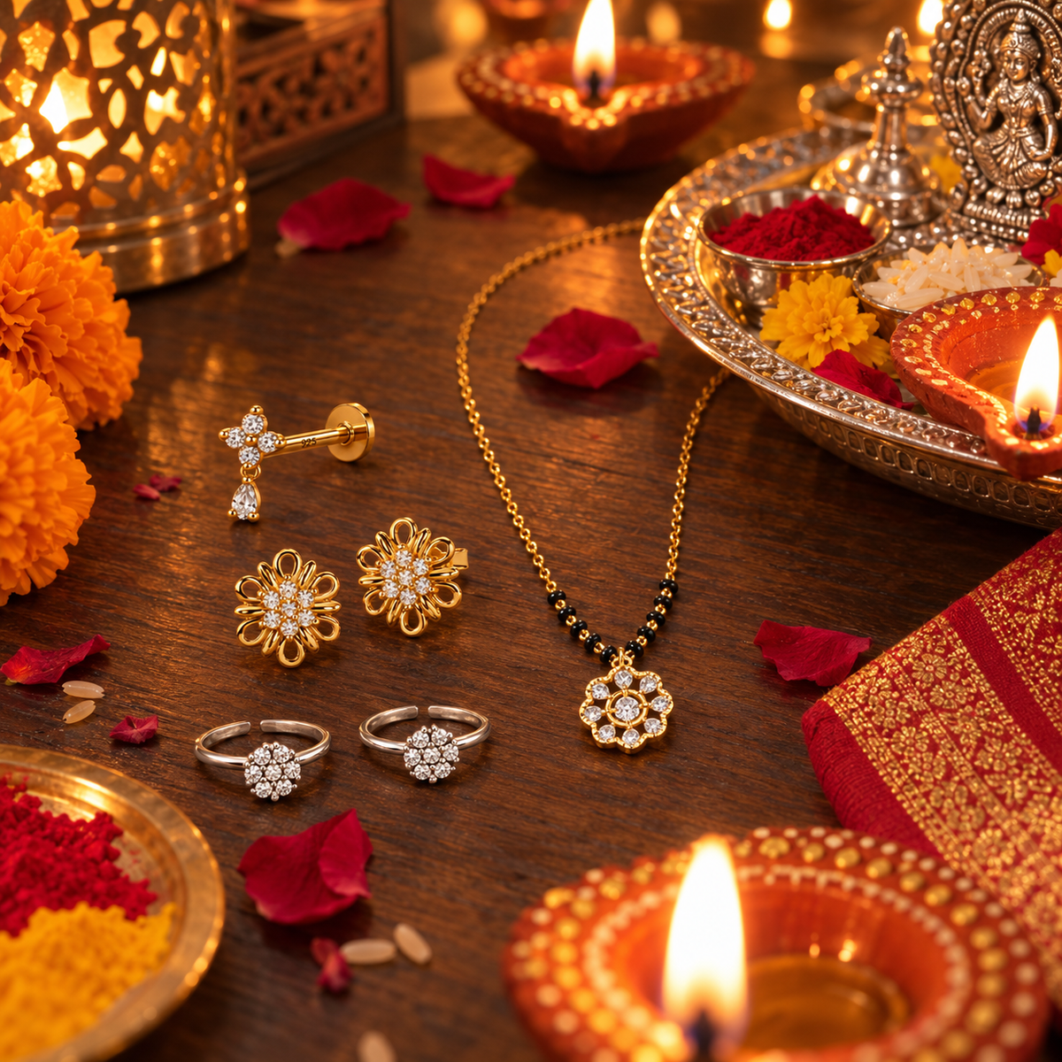 925 silver festive jewellery with diyas for Diwali and Karwa Chauth