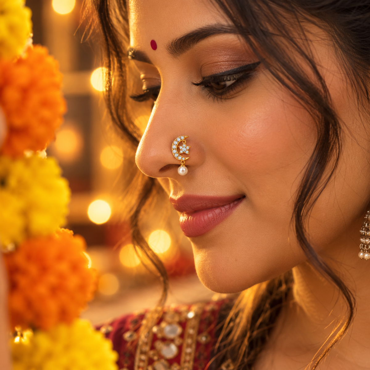 Close-up of silver chandelier drop nose pin for Navratri