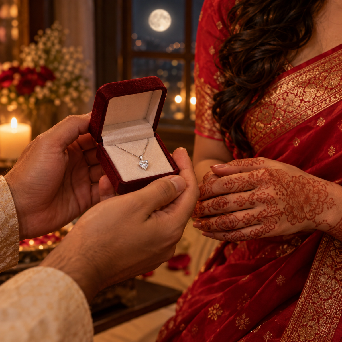 Husband gifting silver heart pendant to wife on Karva Chauth