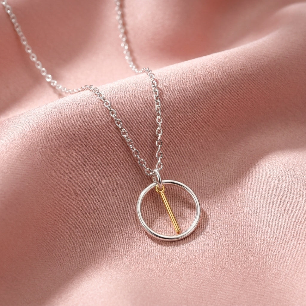 Silver Circle Gold Bar Drop Pendant Necklace - 925 sterling silver pendant necklace for women