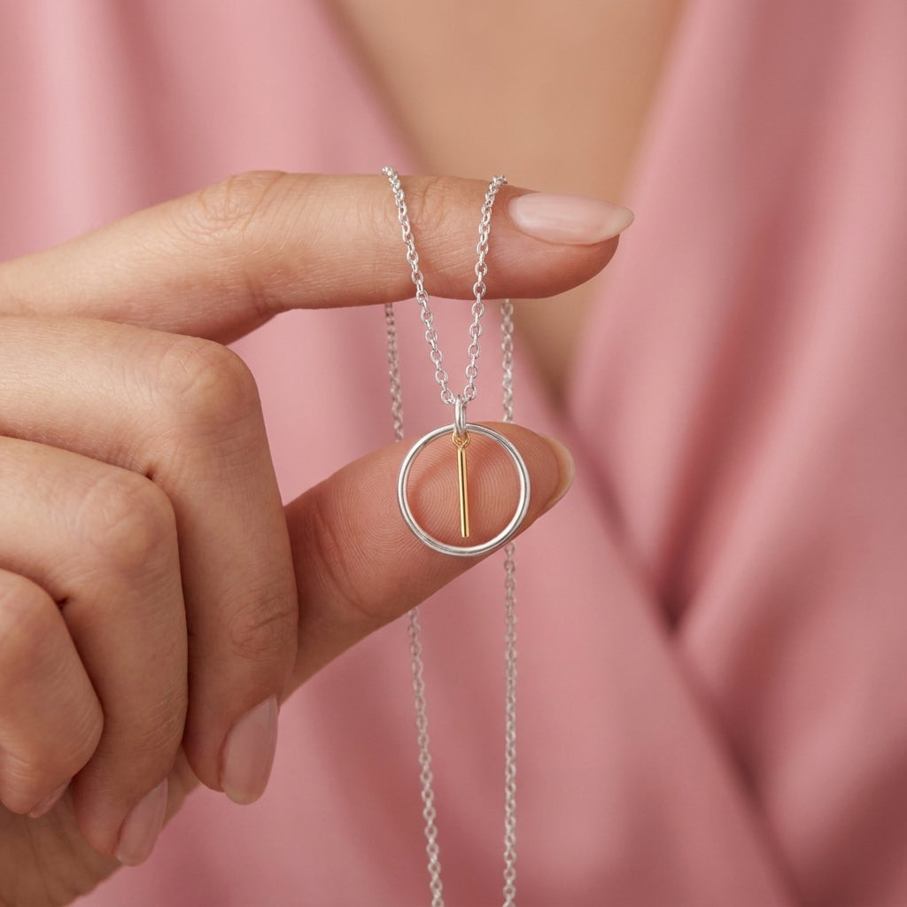 Silver Circle Gold Bar Drop Pendant Necklace - 925 sterling silver pendant necklace for women