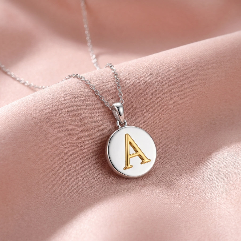 Initial Letter Round Disc Pendant Necklace - 925 sterling silver pendant necklace for women