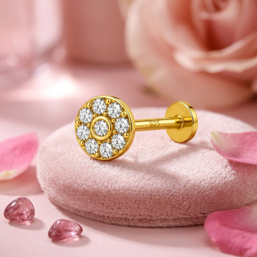 Round Bezel Centre Halo Nose Pin - 925 Sterling Silver