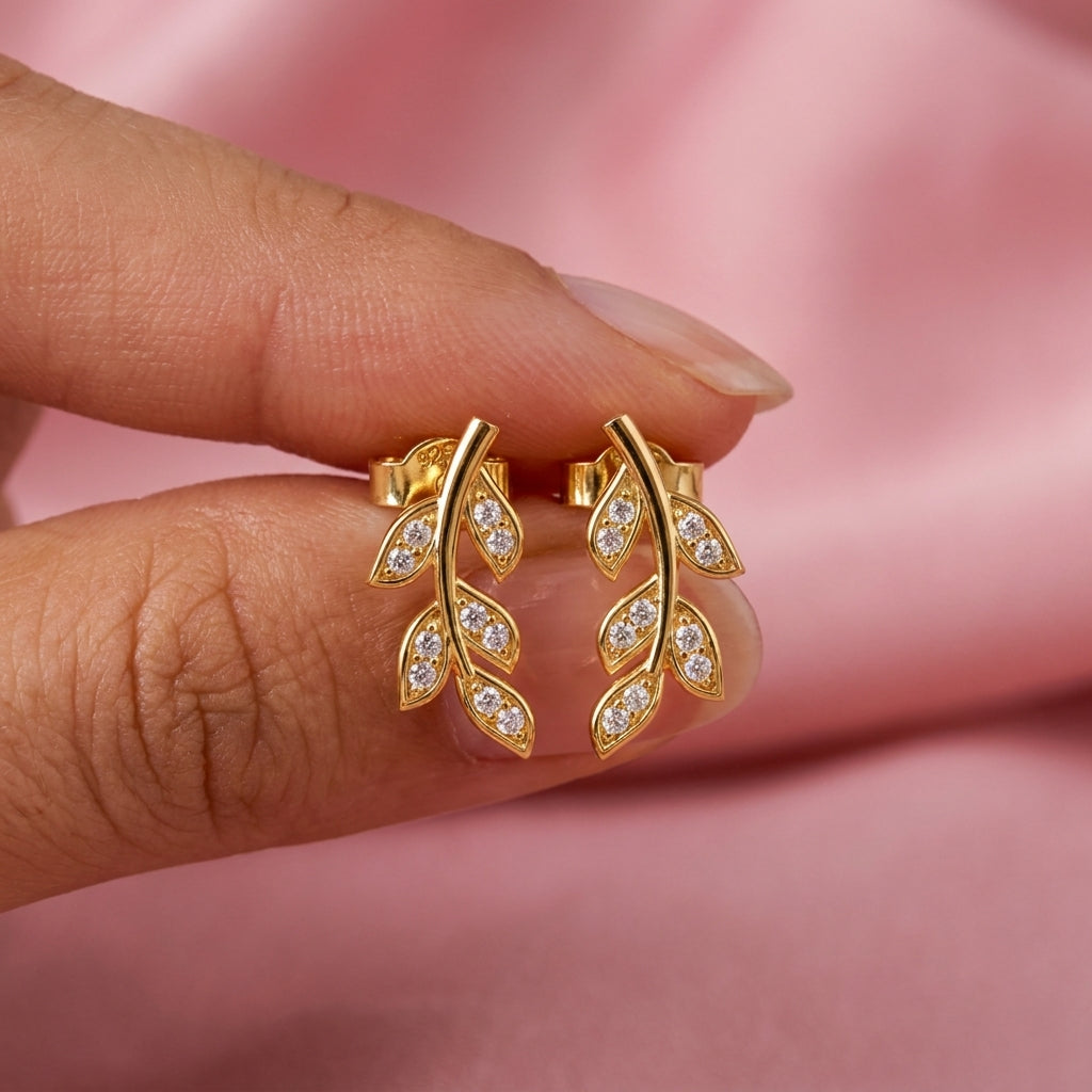 Leaf Vine White Cz Climber Stud Earrings - 925 sterling silver earrings for women